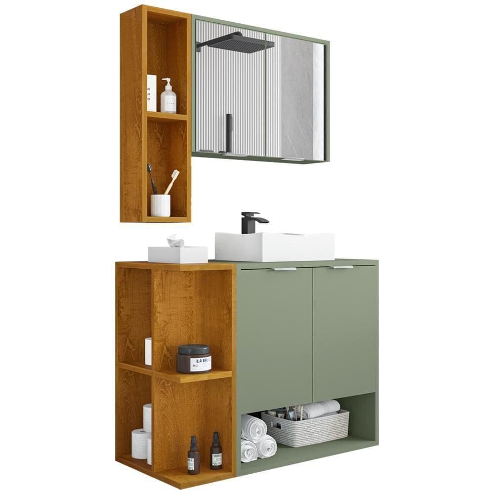 Gabinete Para Banheiro Com Cuba E Espelho Siesta B02 Pistache Naturalle - Lyam Decor