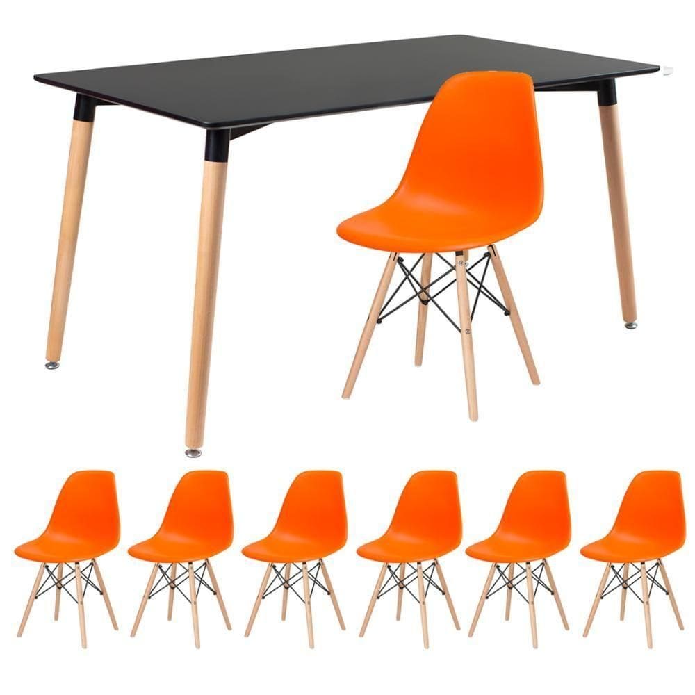 Kit - Mesa Retangular Eames 80 X 140 Cm Preto + 6 Cadeiras Dsw Laranja Mesa Preto Com Cadeiras Laranja