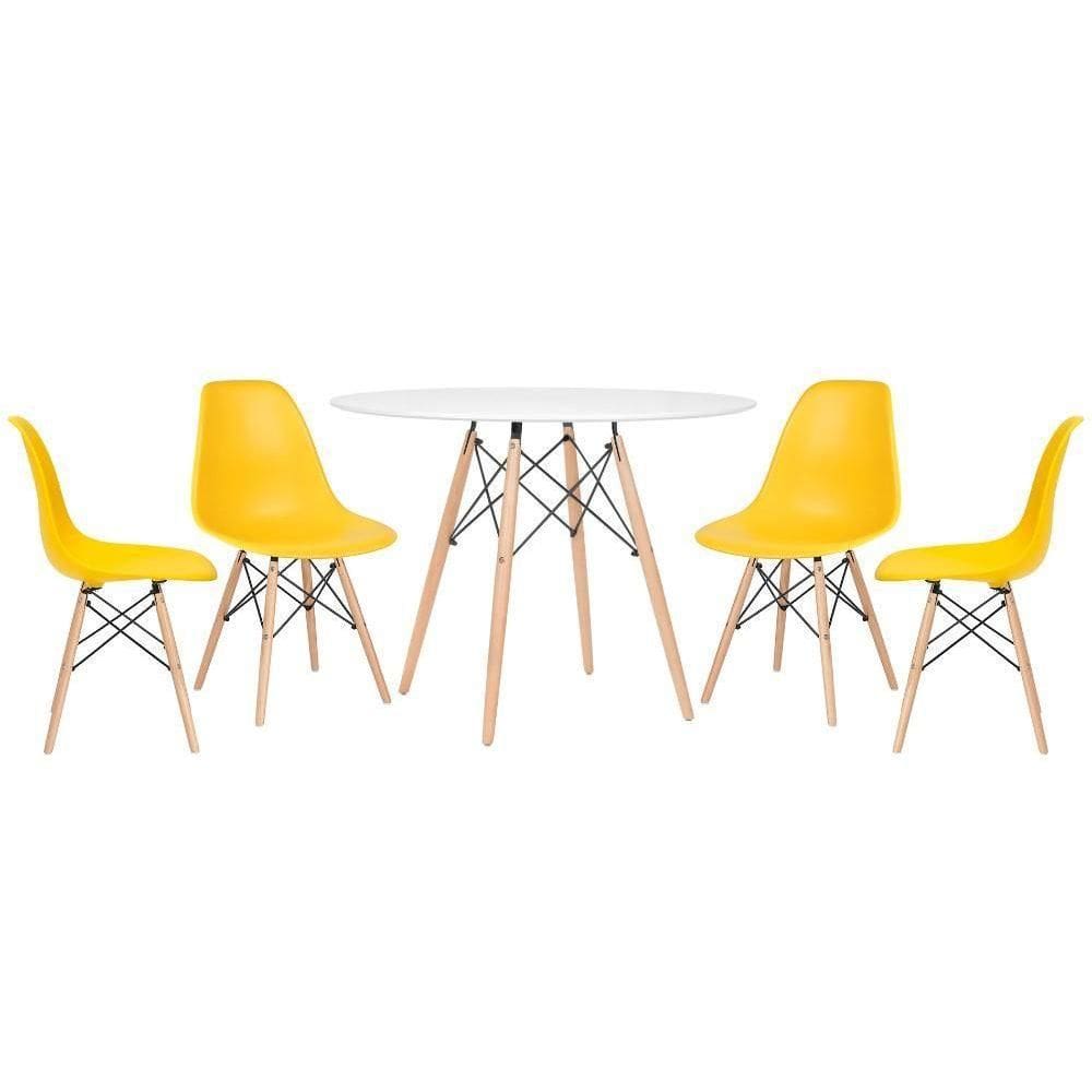 Kit - Mesa Eames 100 Cm Branco + 4 Cadeiras Eames Dsw Amarelo Mesa Branco Com Cadeiras Amarelo