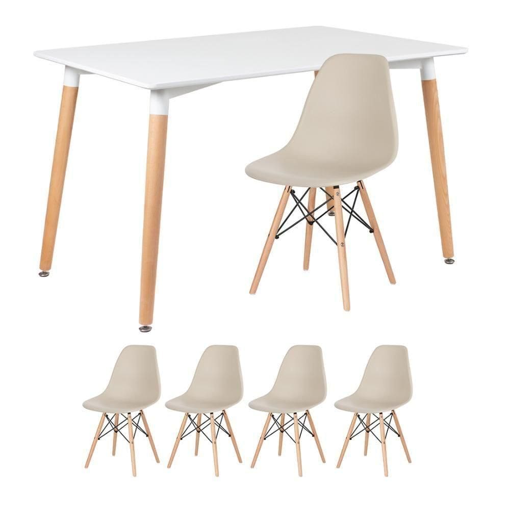 Kit - Mesa Retangular Eames 80 X 120 Cm + 4 Cadeiras Dsw Mesa Branco Com Cadeiras Nude Mesa Branco Com Cadeiras Nude