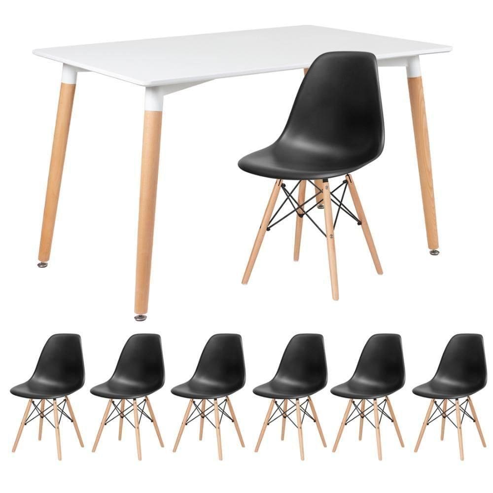 Kit - Mesa Retangular Eames 80 X 120 Cm Branco + 6 Cadeiras Dsw Preto Mesa Branco Com Cadeiras Preto