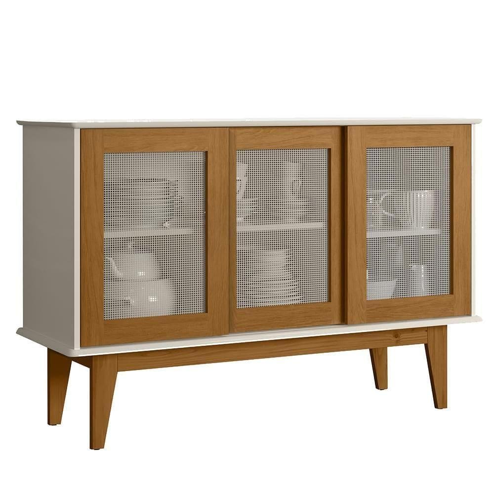 Balcao Buffet Detroit 3 Portas Correr 125 Cm Off White Nature Tebar