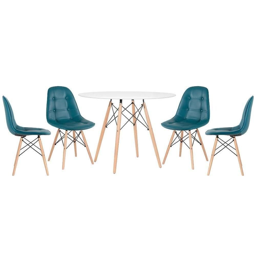 Kit - Mesa Eames 100 Cm Branco + 4 Cadeiras Botonê Turquesa Mesa Branco Com Cadeiras Turquesa