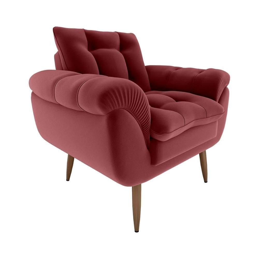 Poltrona Decorativa Confortável Pés Em Madeira Maciça Xangai Matrix Veludo Vermelho