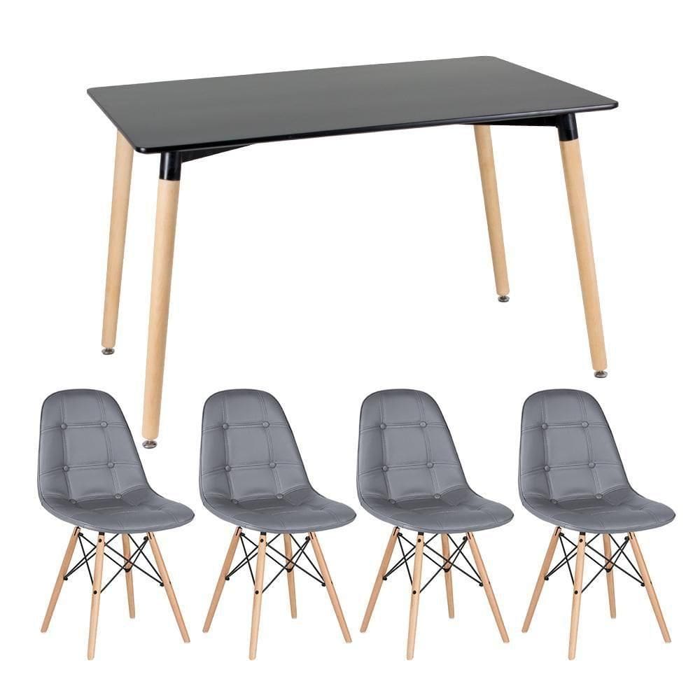 Kit - Mesa Retangular Eames 80 X 140 Cm Preto + 4 Cadeiras Botonê Cinza Escuro Mesa Preto Com Cadeiras Cinza Escuro