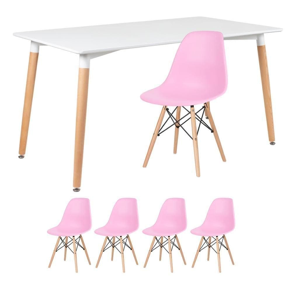 Kit - Mesa Retangular Eames 80 X 140 Cm + 4 Cadeiras Dsw Mesa Branco Com Cadeiras Rosa Mesa Branco Com Cadeiras Rosa