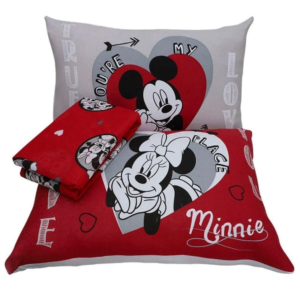 Jogo De Cama Portallar Casal Malha Mista Estampado Disney Joy Mickey Minnie Lovers 3 Peças Vermelho