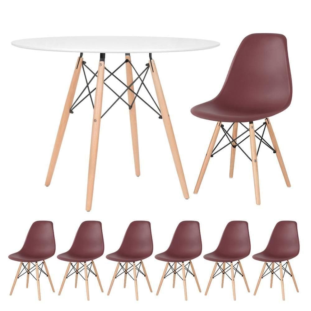 Kit - Mesa Eames 100 Cm Branco + 6 Cadeiras Eames Dsw Marrom Mesa Branco Com Cadeiras Marrom