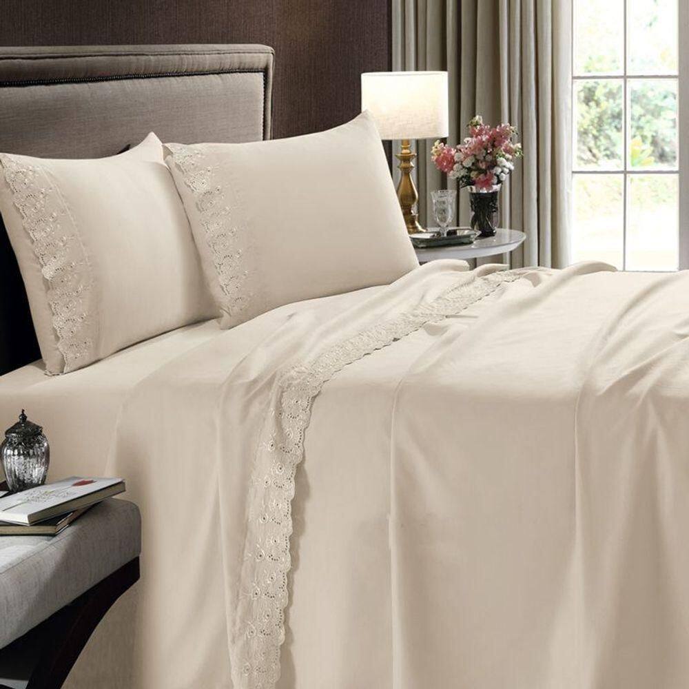 Jogo De Cama Buettner King 4 Pçs Sonata Com Aplicação De Renda Pérola