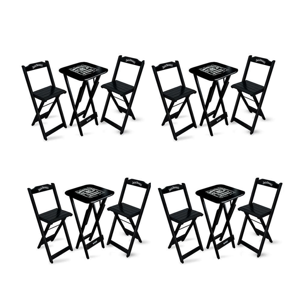 Kit 4 Conjuntos De Mesa Bistrô Dobrável Jack Daniel`s Com 2 Banquetas De Madeira Preta