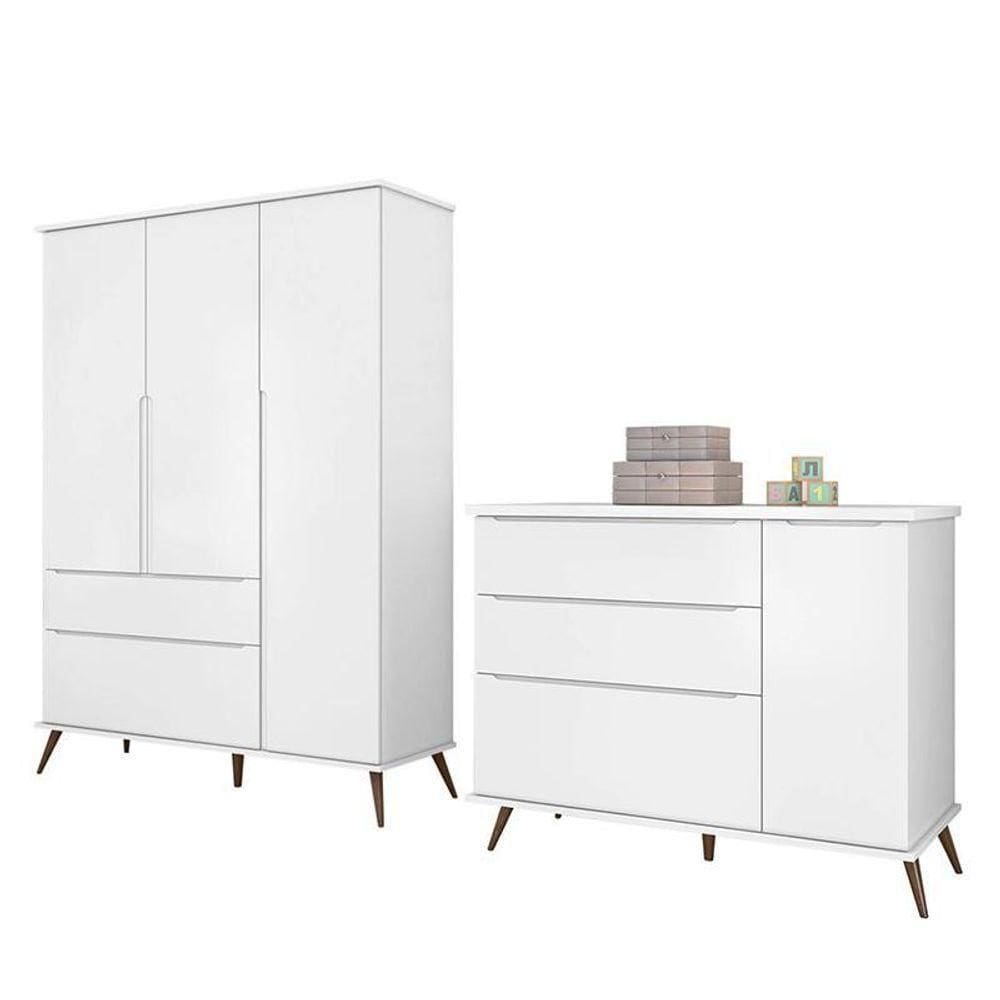 Jogo De Quarto Infantil Retrô Alice Guarda Roupa E Cômoda Com Porta Branco - Pr Baby Branco