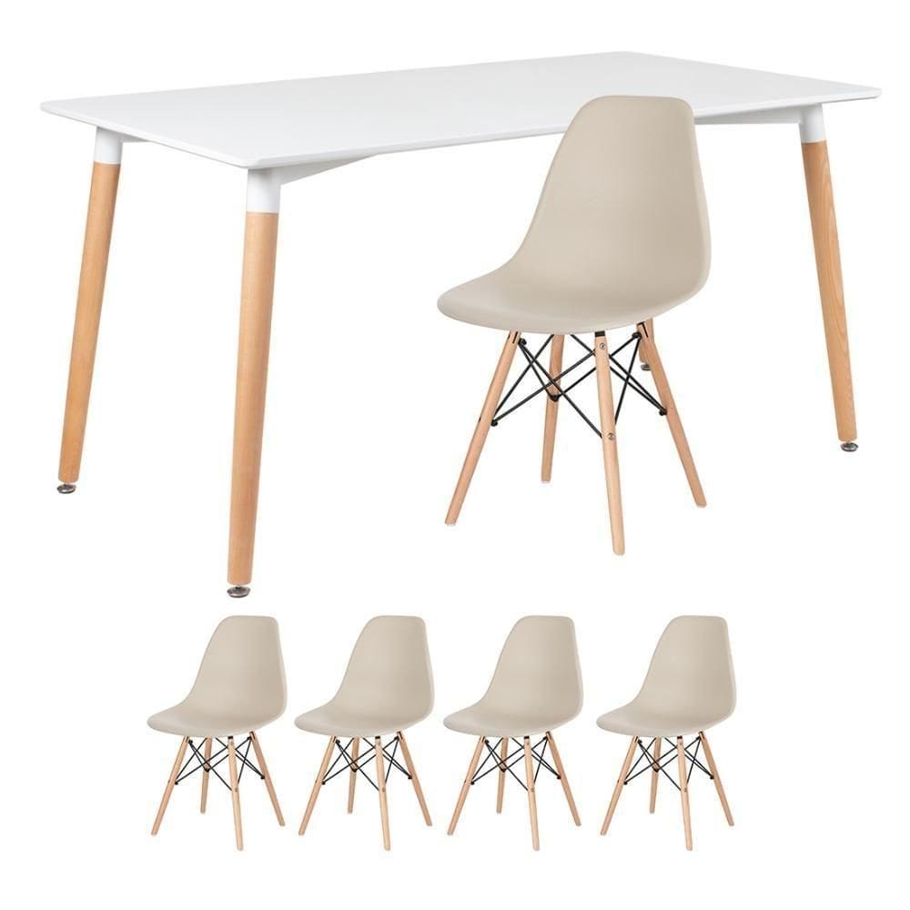 Kit - Mesa Retangular Eames 80 X 140 Cm + 4 Cadeiras Dsw Mesa Branco Com Cadeiras Nude Mesa Branco Com Cadeiras Nude
