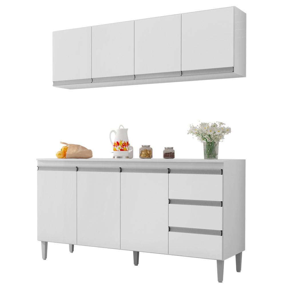Balcão Gabinete Andréia com Tampo 150cm 3 Portas e Armário Aéreo 4 Portas Branco - Abmaza
