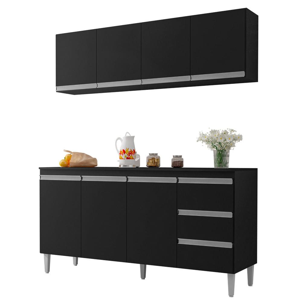 Balcão Gabinete Andréia com Tampo 150cm 3 Portas e Armário Aéreo 4 Portas Preto - Abmaza