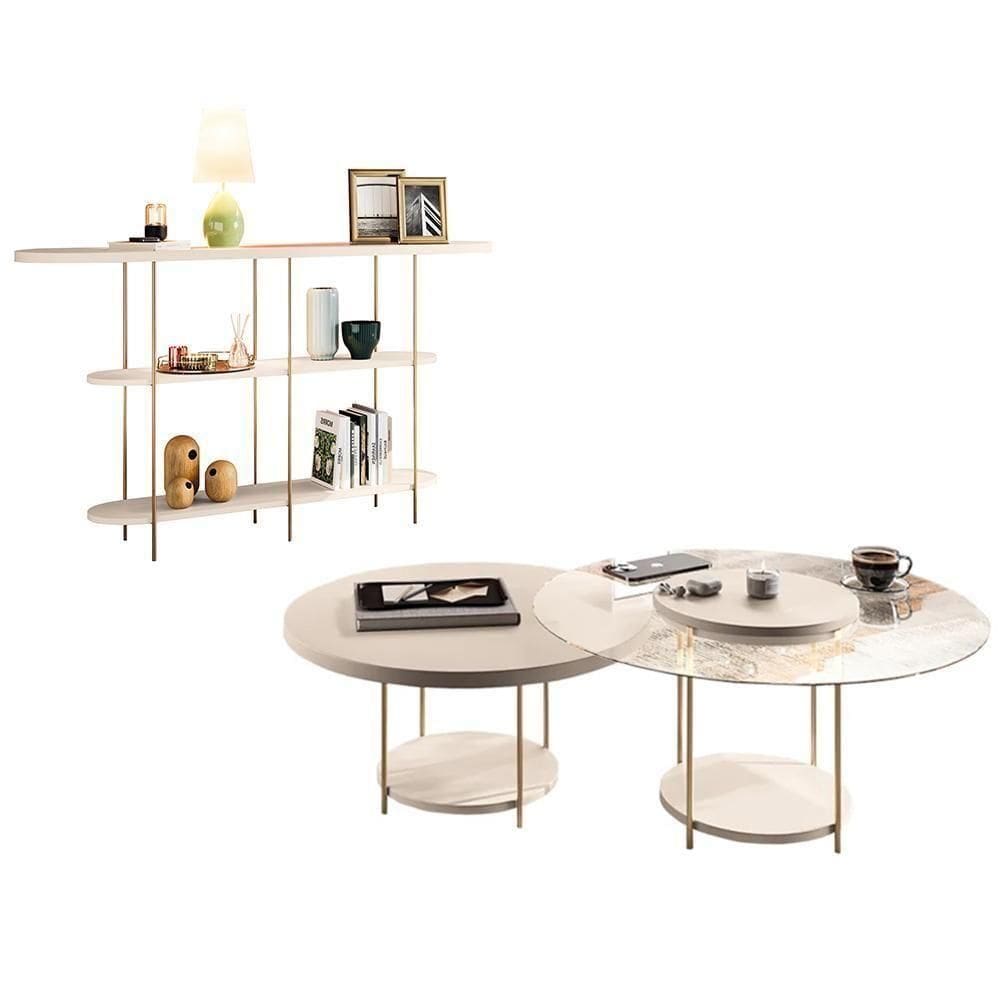 Aparador Infinity E Mesas De Centro Sky Com Tampo De Vidro E Em Mdf Off White - Hb Móveis Off White