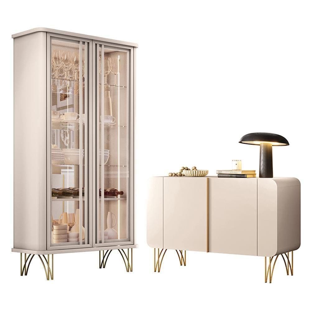 Sala De Jantar Com Cristaleira évora E Balcão Buffet Bevenuto Off White - Hb Móveis Off White