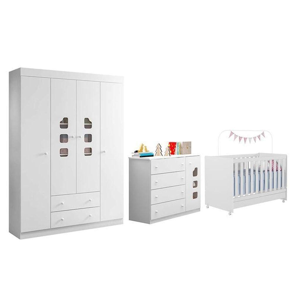 Dormitório Infantil Lívia Guarda Roupa, Cômoda E Berço Branco - Phoenix Baby Branco