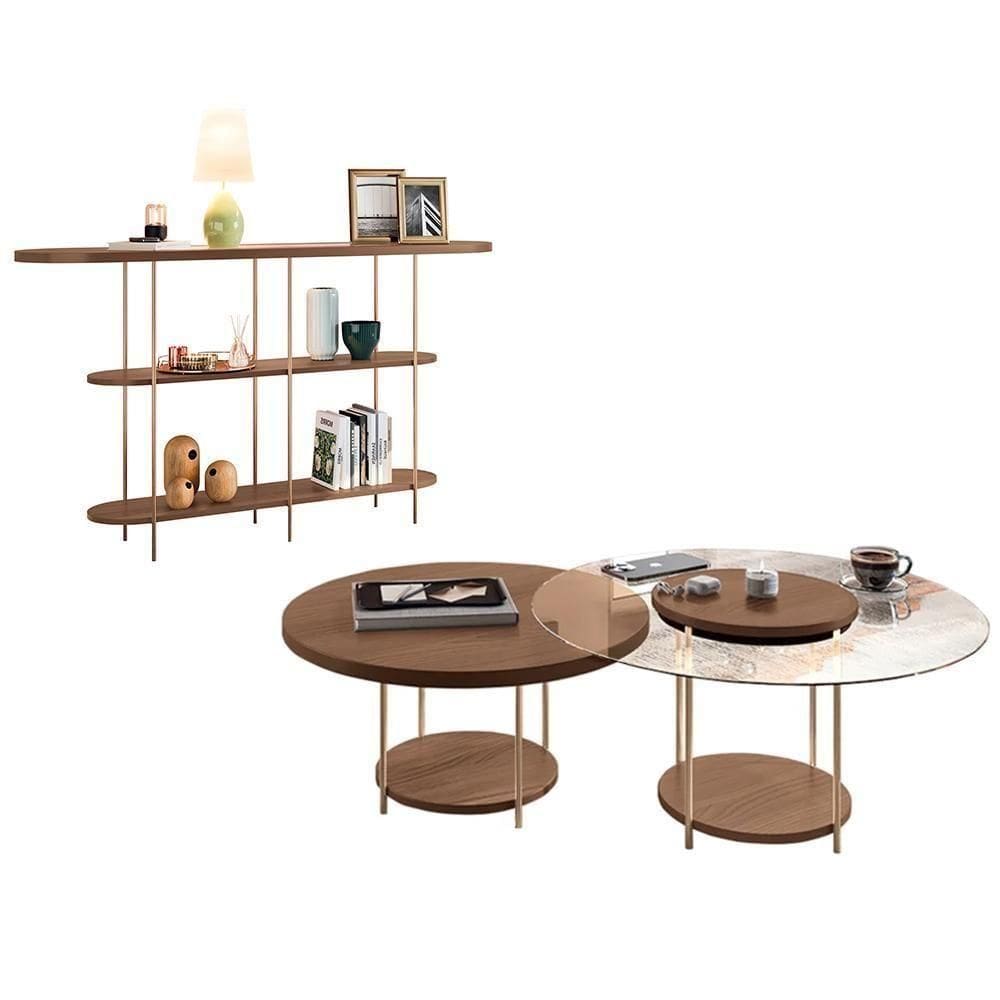 Aparador Infinity E Mesas De Centro Sky Com Tampo De Vidro E Em Mdf Castanho - Hb Móveis Castanho