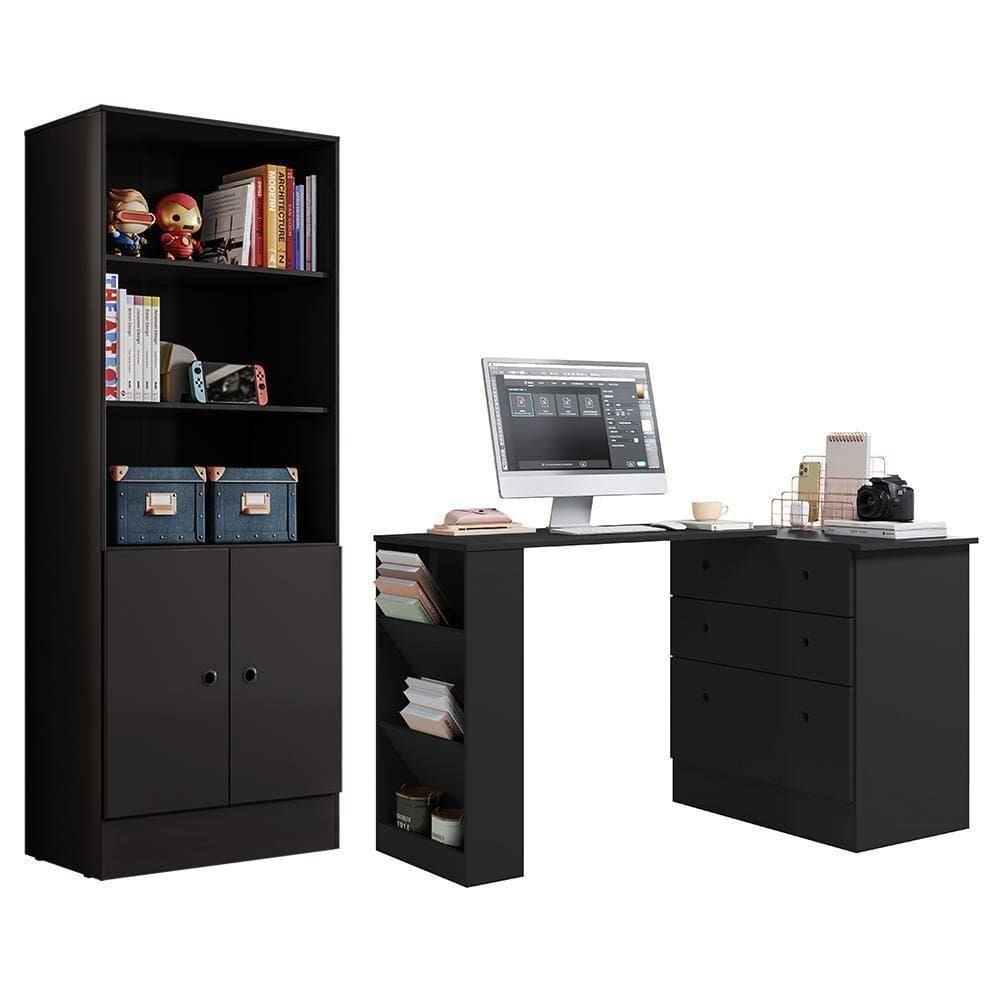Conjunto Gamer Armário 2 Portas E Mesa Giratória Preto Fosco - Qmovi Preto Fosco