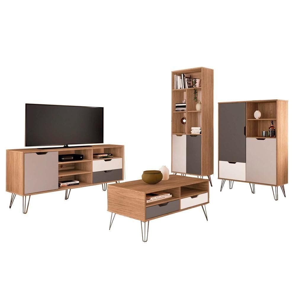 Conjunto Para Sala Rack 60 Pol Carvalho Branco Grafite Prata Arly