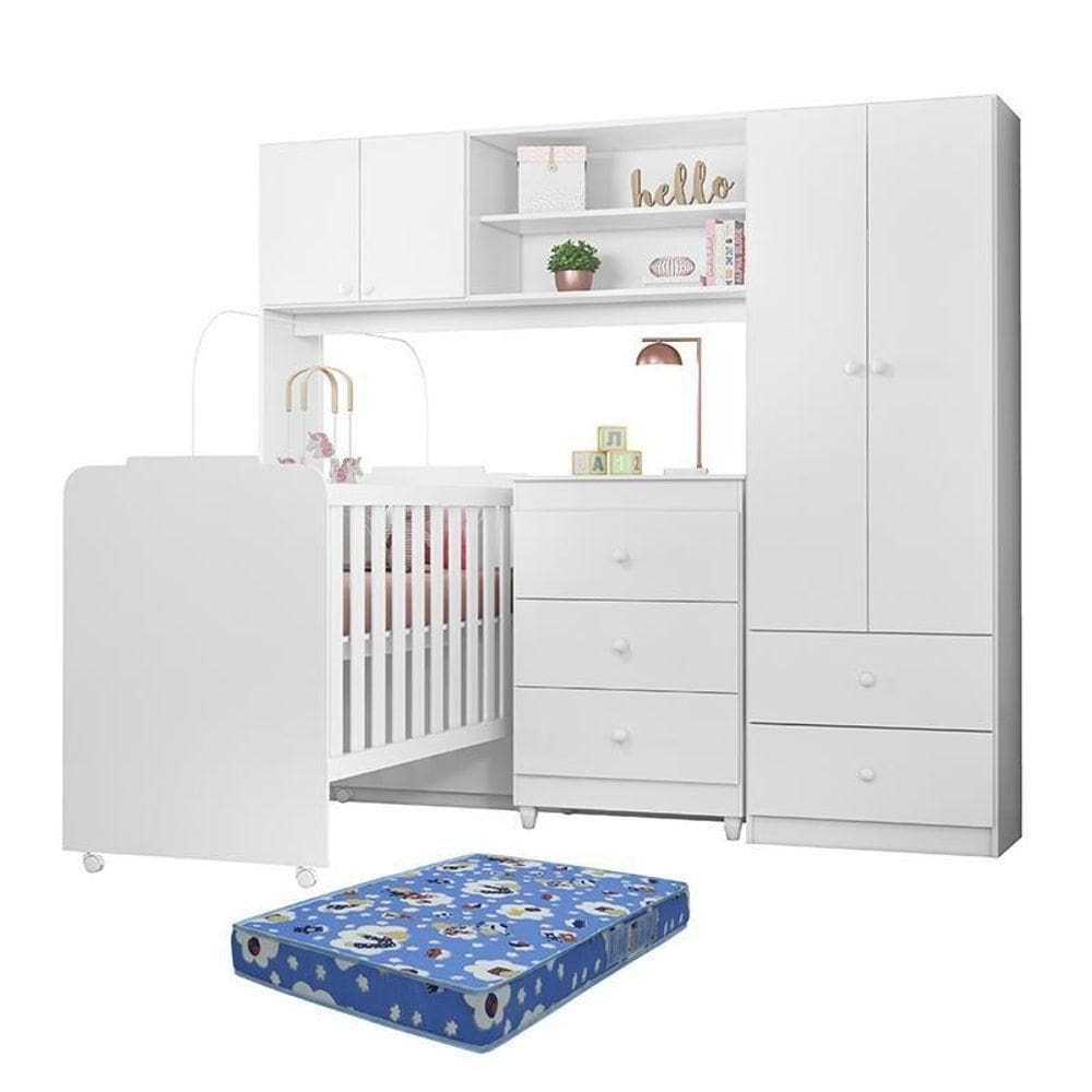 Dormitório Infantil Sophia Conjugado, Cômoda E Berço Branco Com Colchão Physical - Peternella Móveis Branco