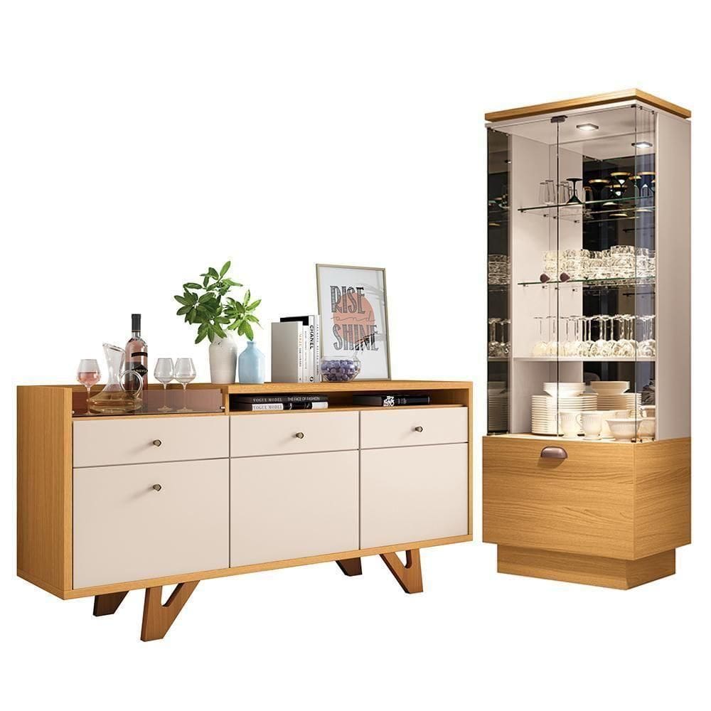 Sala De Jantar Com Cristaleira Aura E Buffet Aparador Sollare Cinamomo-off White - Hb Móveis Cinamomo-off White
