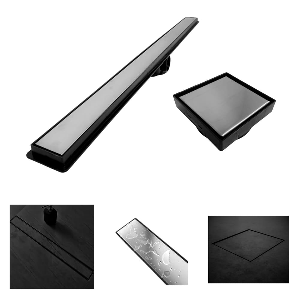 Kit Seca Box Linear 5x90 + Ralo 15x15 Inox 2 em 1 Invisível Oculto Base Preto Banheiro