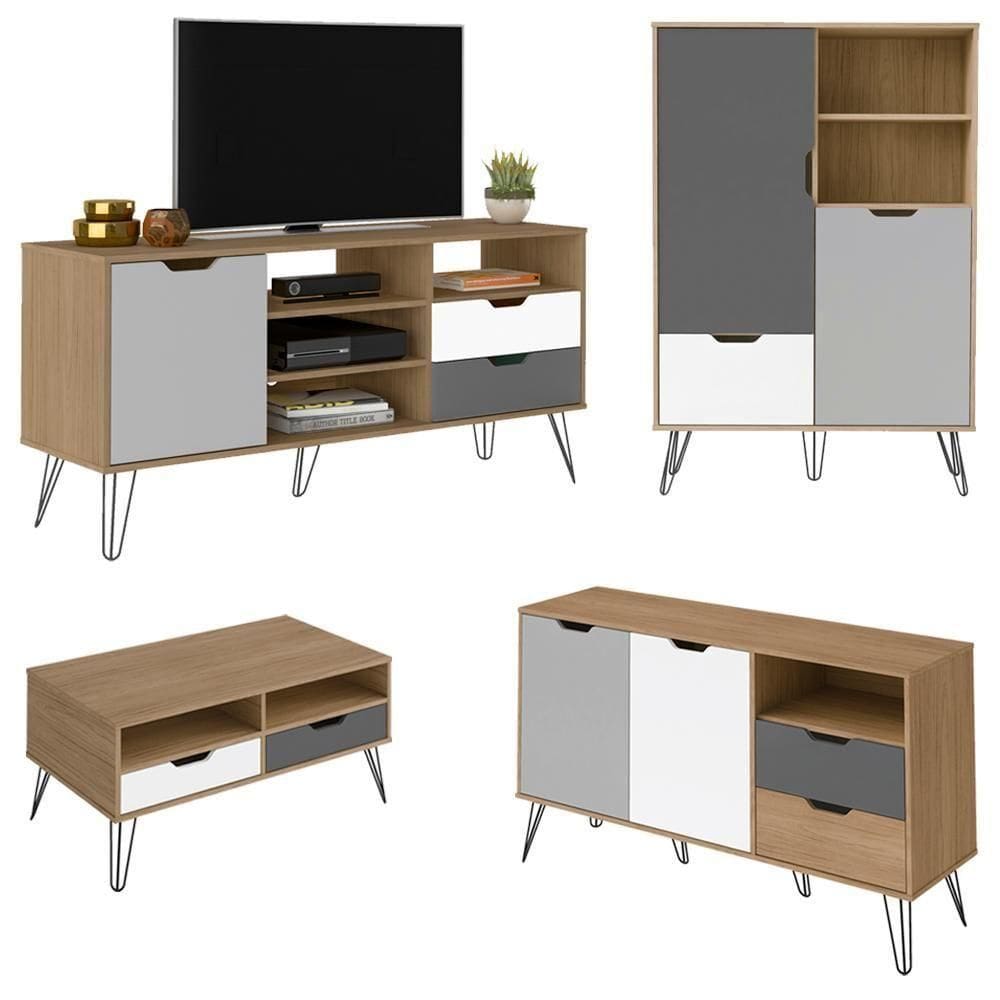 Conjunto Sala Estar Rack 60 Pol Carvalho Branco Grafite Prata Arly Carvalho Branco
