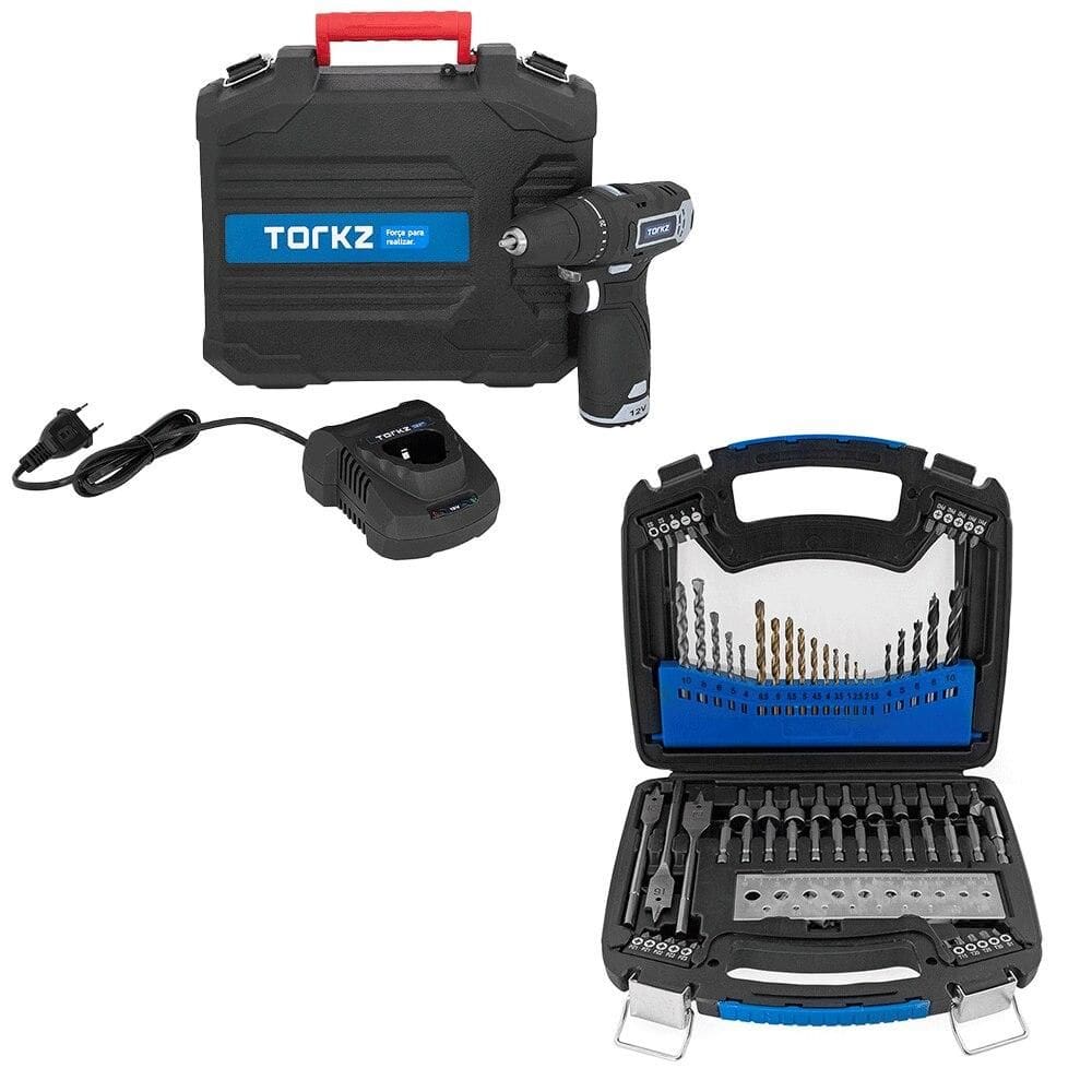 Furadeira Parafusadeira Profissional TRB0013 12V e Jogo de Bits e Brocas Torkz TRK0007, 128 Peças