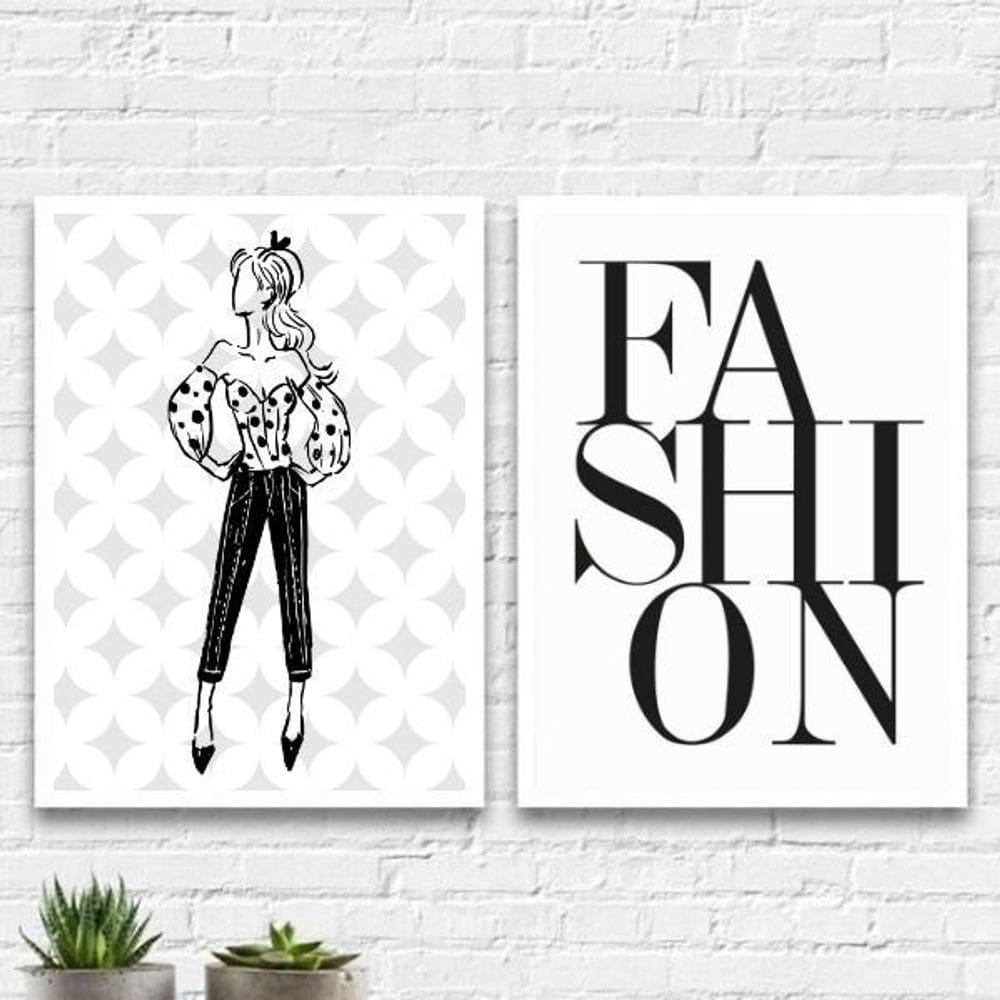 Kit 2 Quadros Moda Feminina Fashion 45X34Cm - Madeira Branca