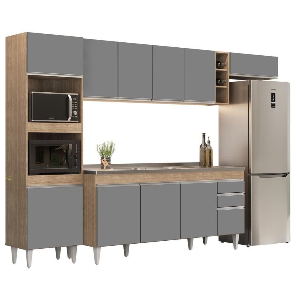 Armário De Cozinha Modulada 5 Peças Cp18 Balcão Com Pia Inox Castanho/cinza - Lumil