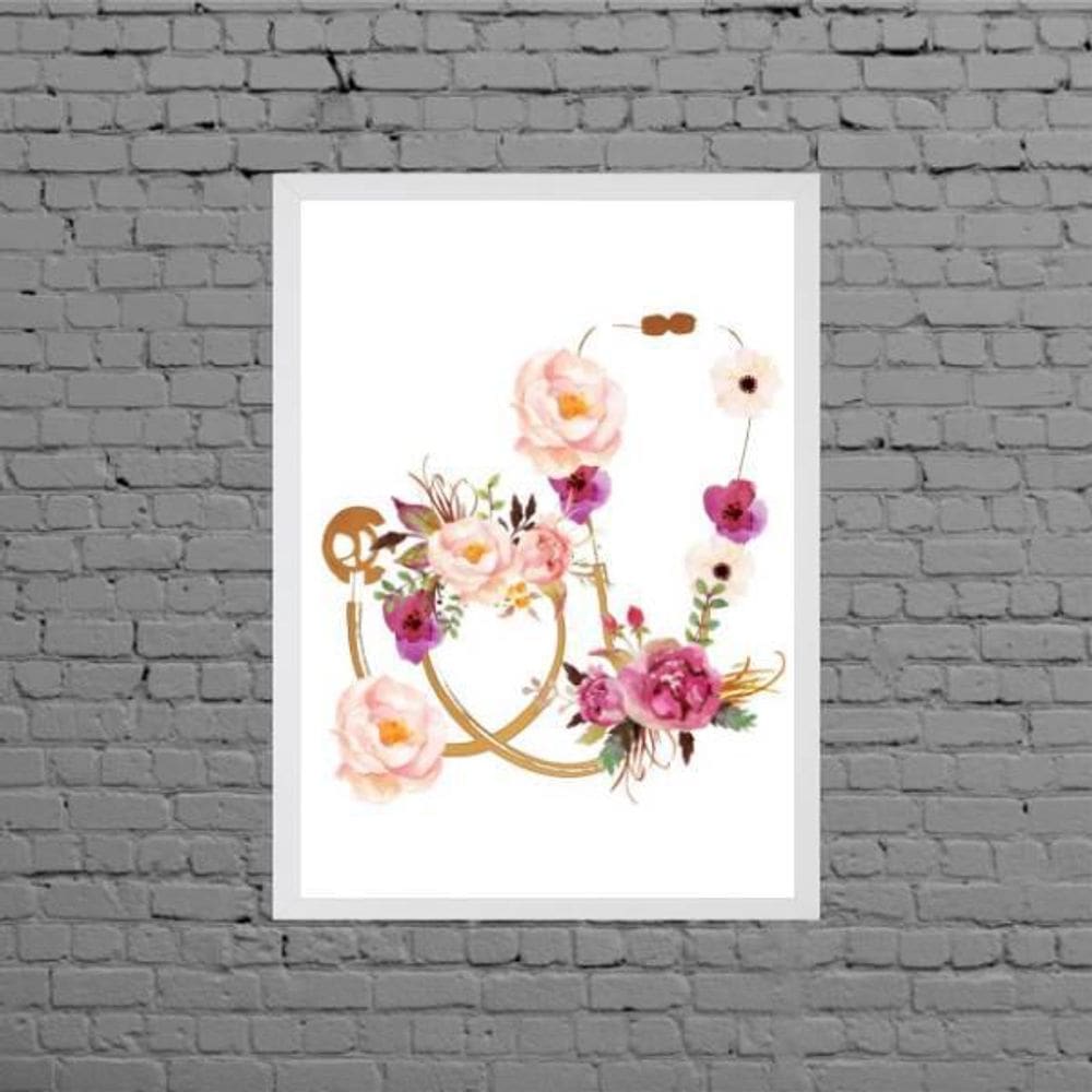 Quadro Decorativo Estetoscópio Floral 33X24Cm Moldura Branca