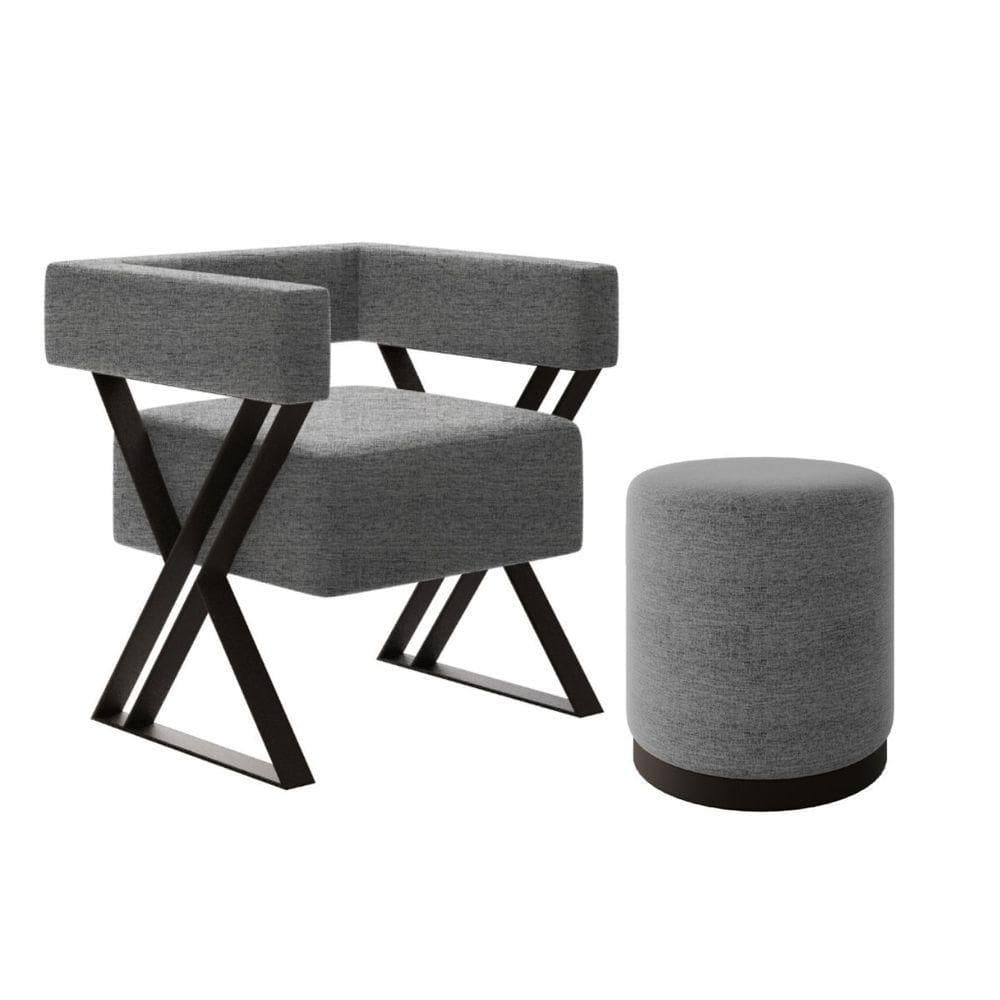 Kit Poltrona E Puff Decorativa Frida Estilo Industrial Linho Cinza