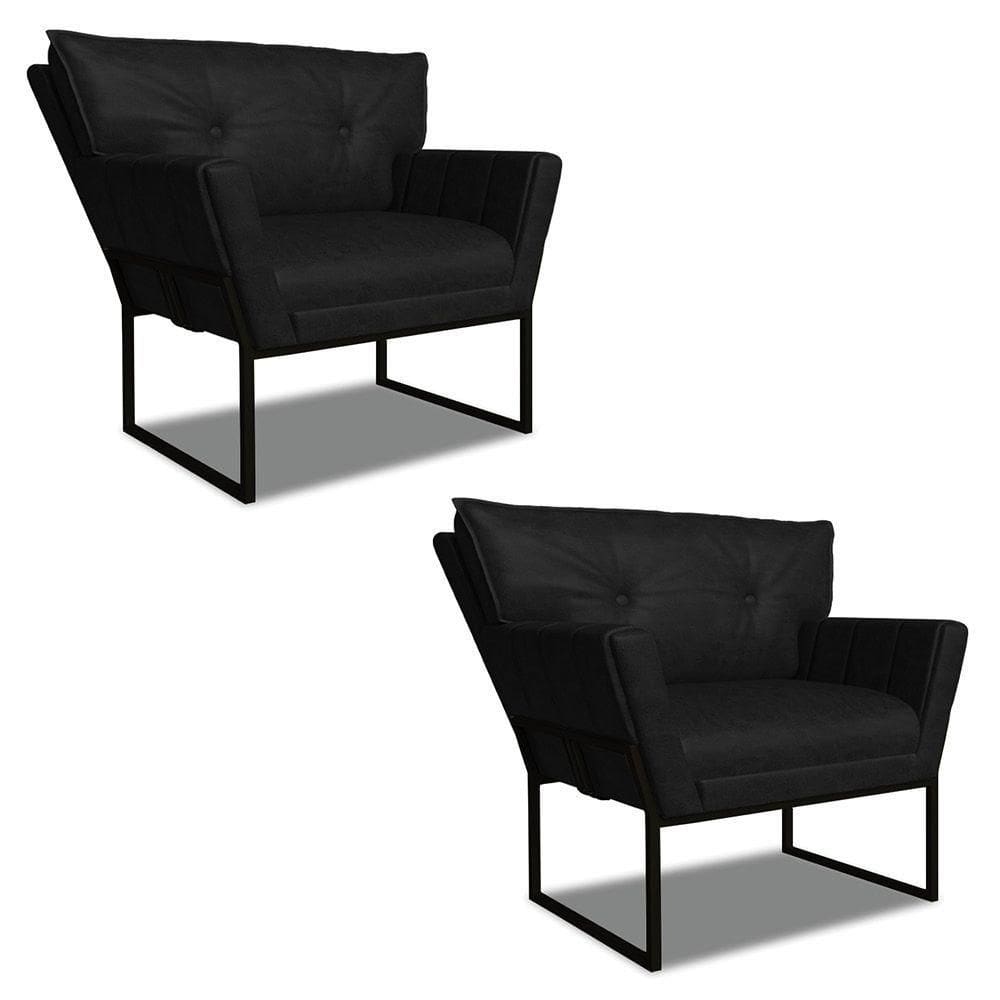 Poltrona Sala Industrial Preto Kit 2 Anitta Sintético Pu Preto D03 - D`rossi