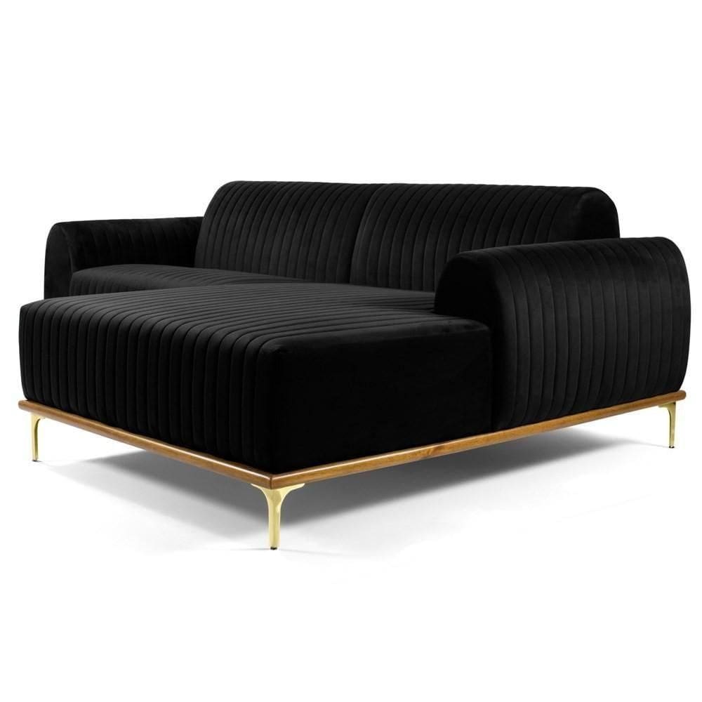 Sofá 245cm 4 Lugares Com Chaise Direito Pés Gold Molino C-300 Veludo Preto - Domi