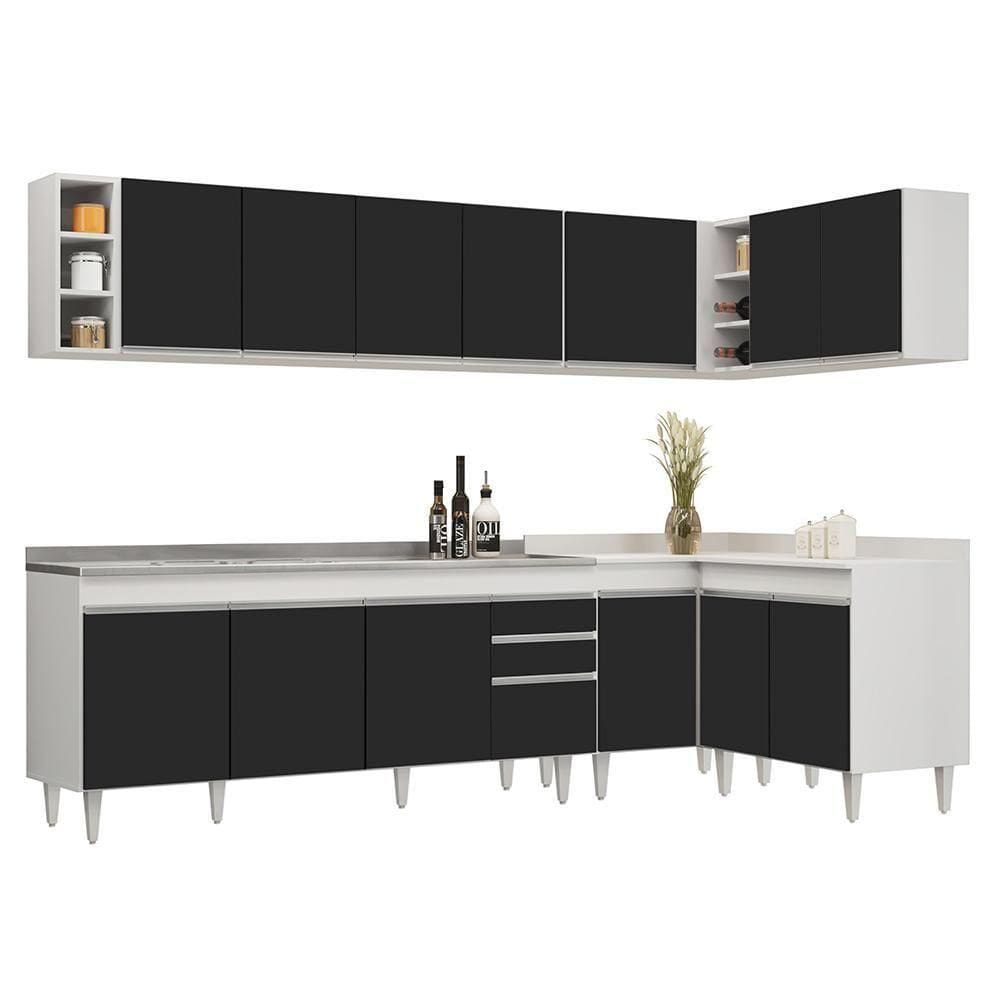Armário De Cozinha Modulado De Canto 7 Peças Cp36 Com Pia Inox Branco/preto - Lumil