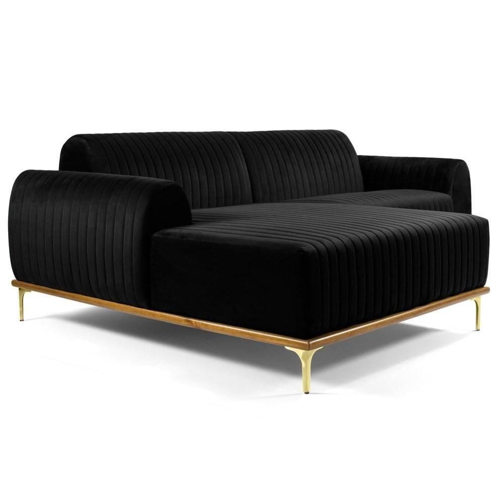 Sofá 265cm 4 Lugares Com Chaise Esquerdo Pés Gold Molino C-300 Veludo Preto - Domi