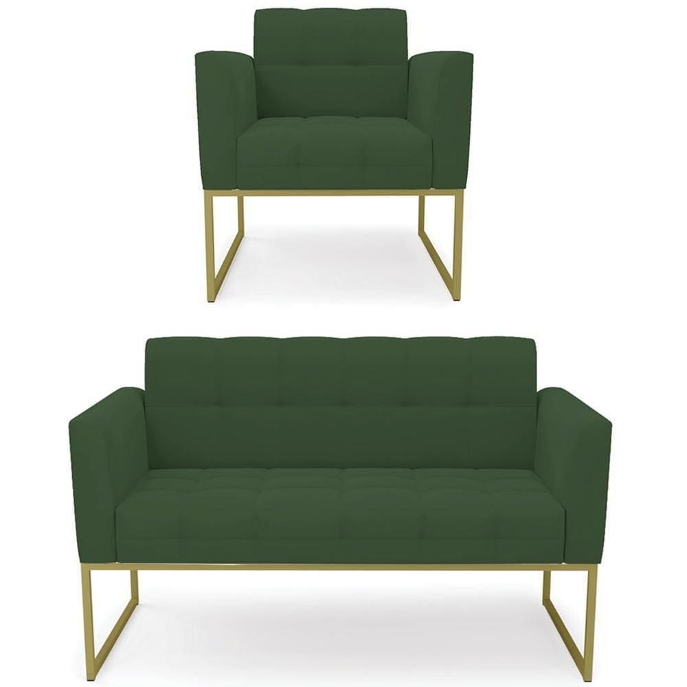 Sofá Namoradeira E 1 Poltrona Base Industrial Dourado Ana Veludo Verde - Ibiza