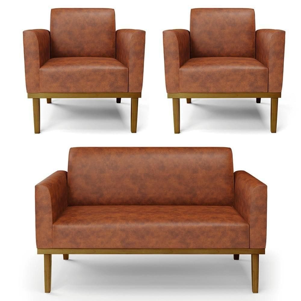 Sofá Namoradeira E 2 Poltronas Base Madeira Castanho Maressa Sintético Pu Nozes - Ibiza