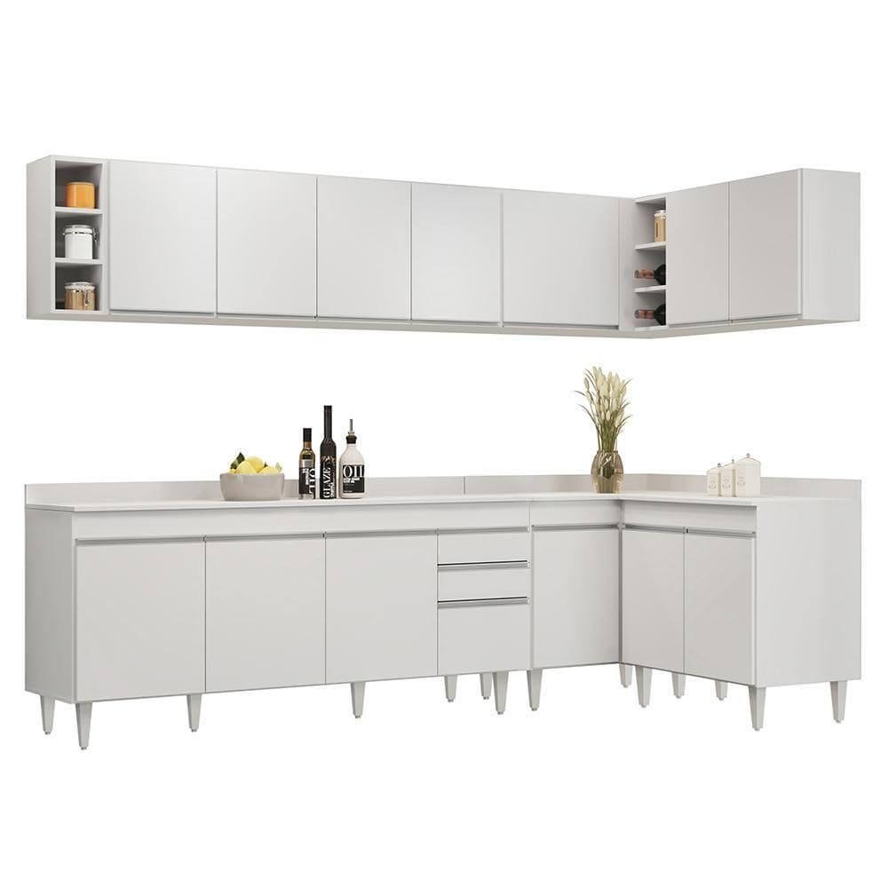 Armário De Cozinha Modulado De Canto 7 Peças Cp35 Balcão Com Tampo Branco - Lumil