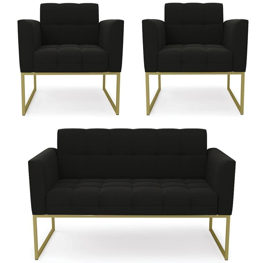 Sofá Namoradeira E 2 Poltronas Base Industrial Dourado Ana Suede Preto - Ibiza