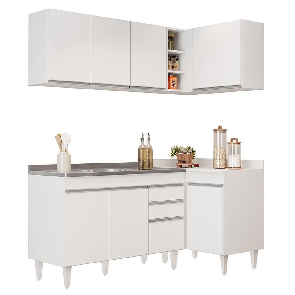 Armário De Cozinha Modulado De Canto Esquerdo 4 Peças Cp48 Com Pia Inox Branco - Lumil