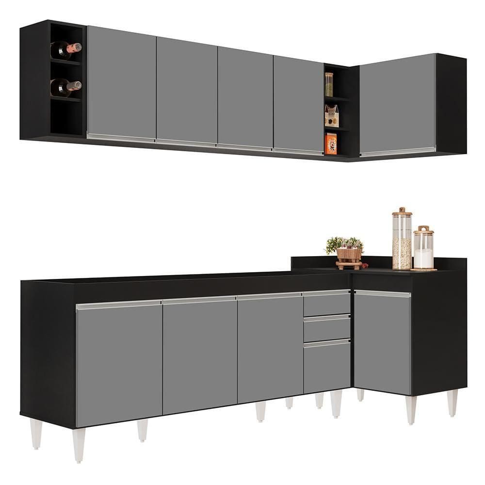 Armário De Cozinha Modulado De Canto Esquerdo 5 Peças Cp52 Balcão Sem Tampo Preto/cinza - Lumil