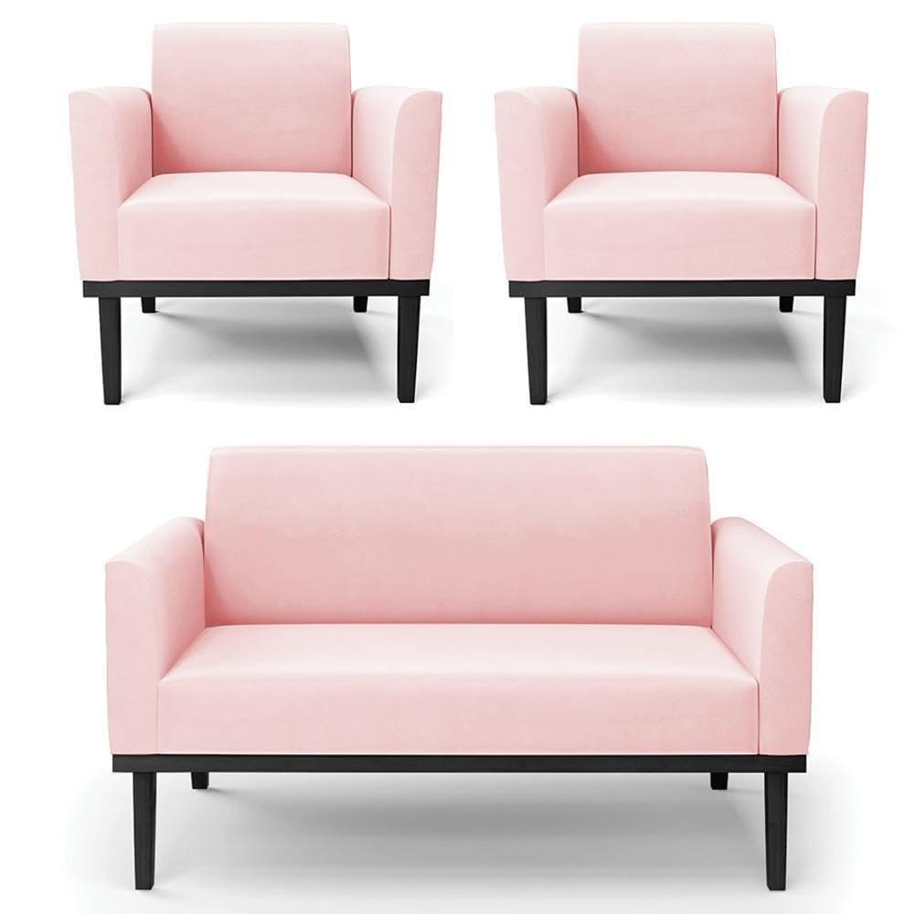 Sofá Namoradeira E 2 Poltronas Base Madeira Preto Maressa Suede Rosa Bebê - Ibiza