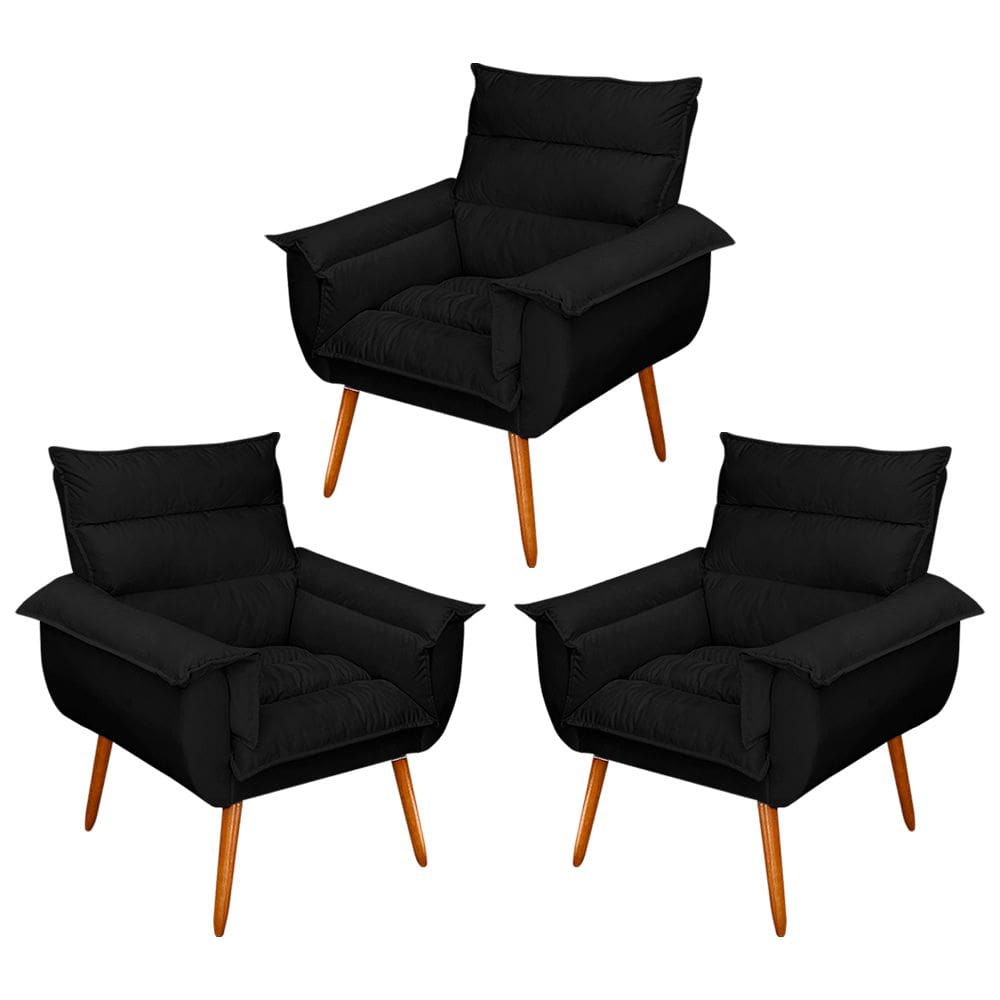 Kit 03 Poltronas Decorativas Modernas Sala e Recepção Monza Pés Palito Suede Preto - Abmaza