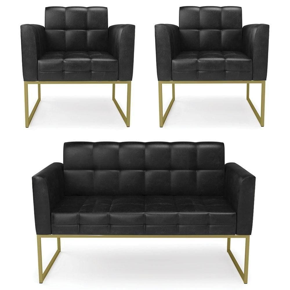 Sofá Namoradeira E 2 Poltronas Base Industrial Dourado Ana Sintético Pu Preto - Ibiza