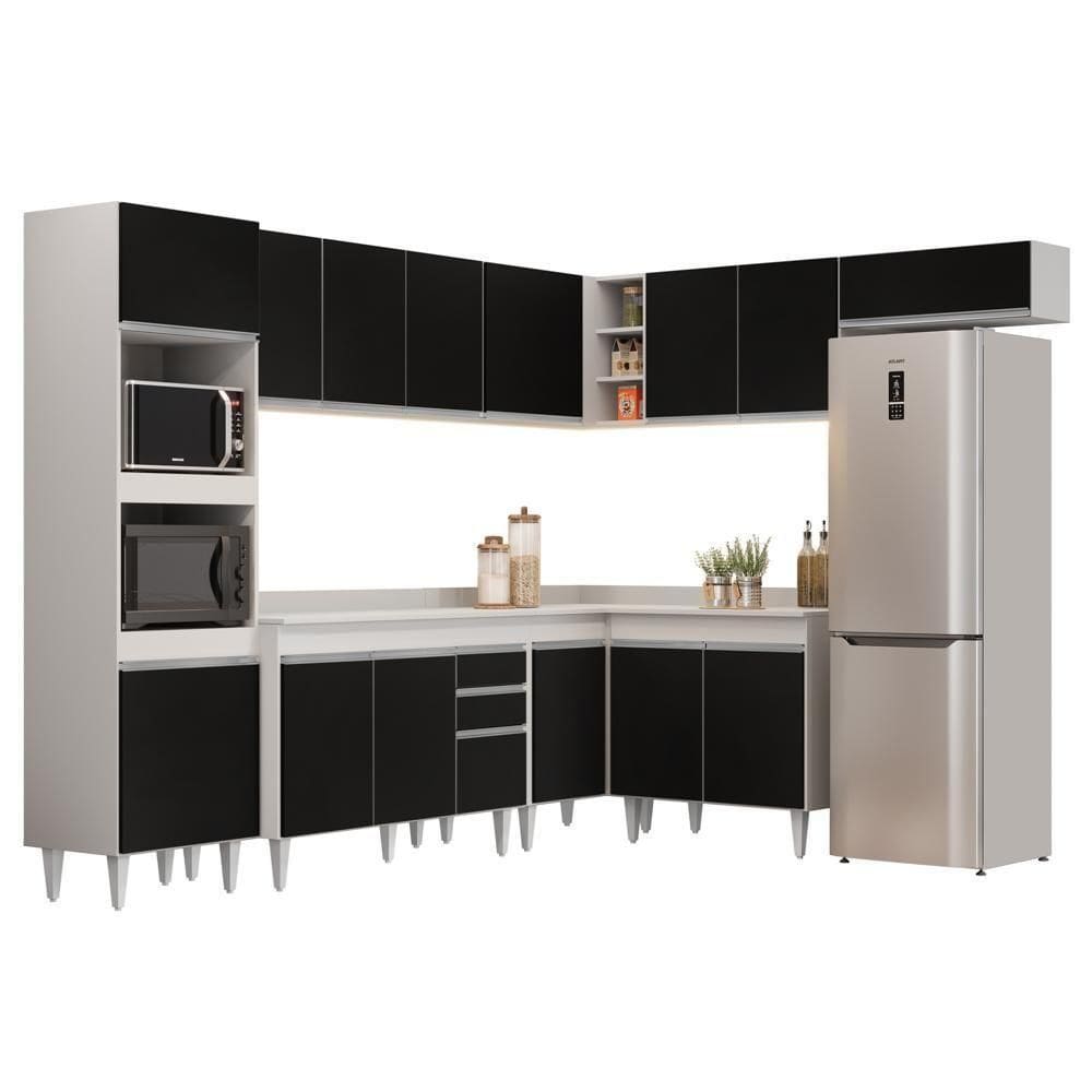 Armário De Cozinha Modulada De Canto 8 Peças Cp02 Balcão Com Tampo Branco/preto - Lumil