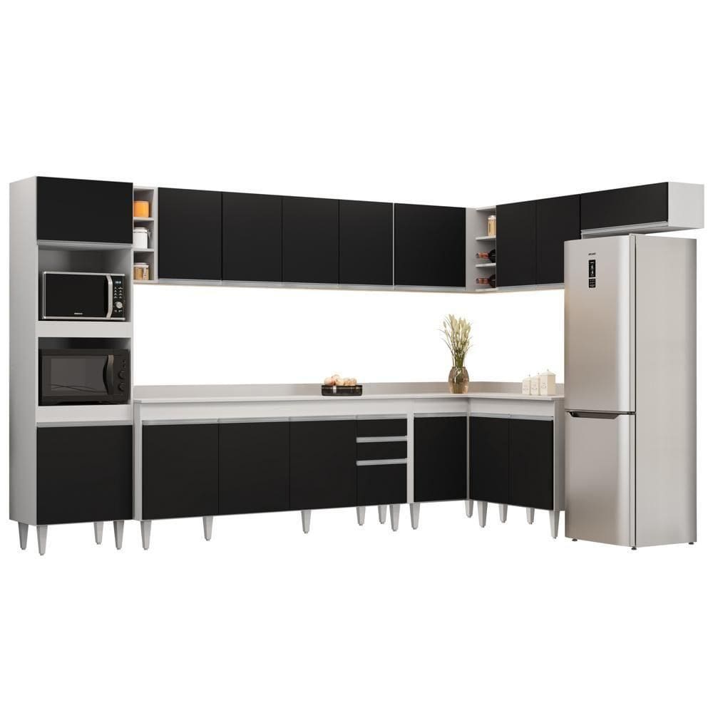 Armário De Cozinha Modulada De Canto 9 Peças Cp05 Balcão Com Tampo Branco/preto - Lumil
