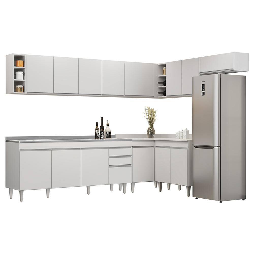 Armário De Cozinha Modulado De Canto 8 Peças Cp27 Com Pia Inox Branco - Lumil
