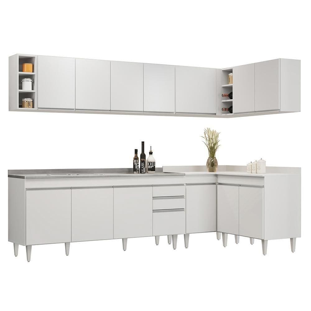 Armário De Cozinha Modulado De Canto 7 Peças Cp36 Com Pia Inox Branco - Lumil